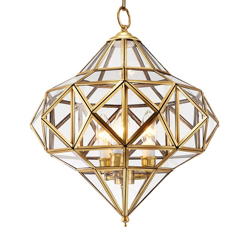 Clear Glass Geometrical Chandelier Lamp Retro 3 Bulbs Brass Pendant Lighting Fixture for Bedroom