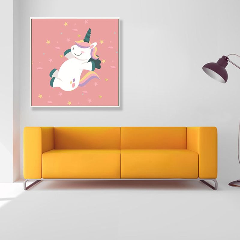 Pink Childrens Art Canvas Print Illustrated Sleeping Unicorn Wall Decor for Room