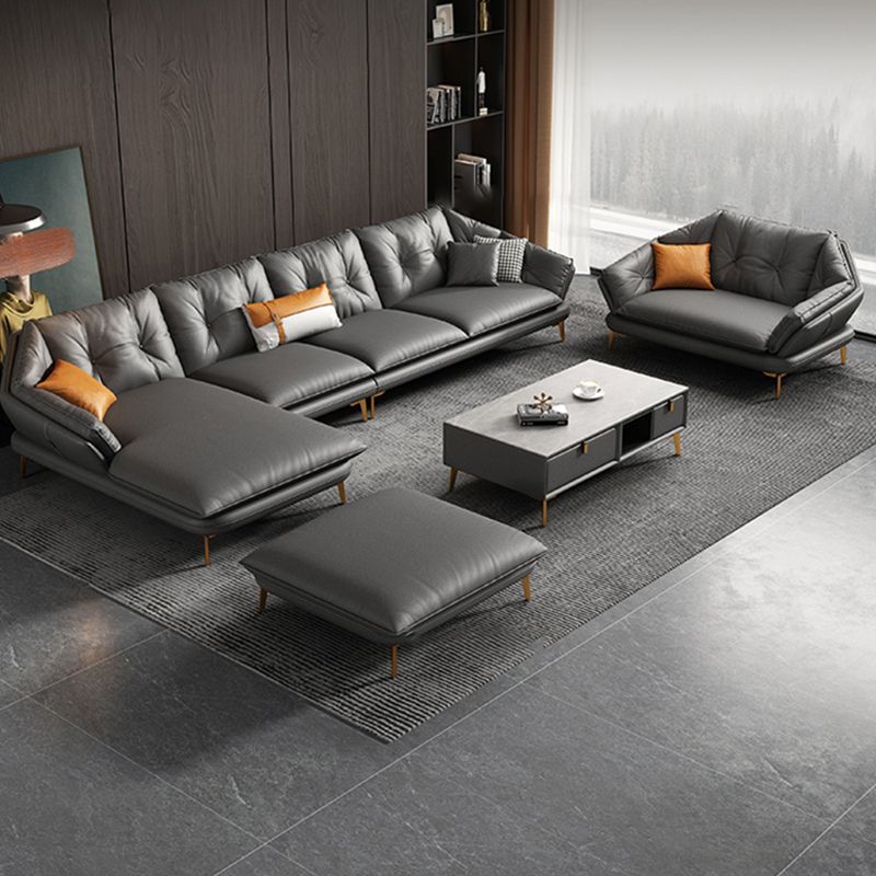 Modern 4-seat Faux Leather Sofa & Chaise Grey Sloped Arm Sofa