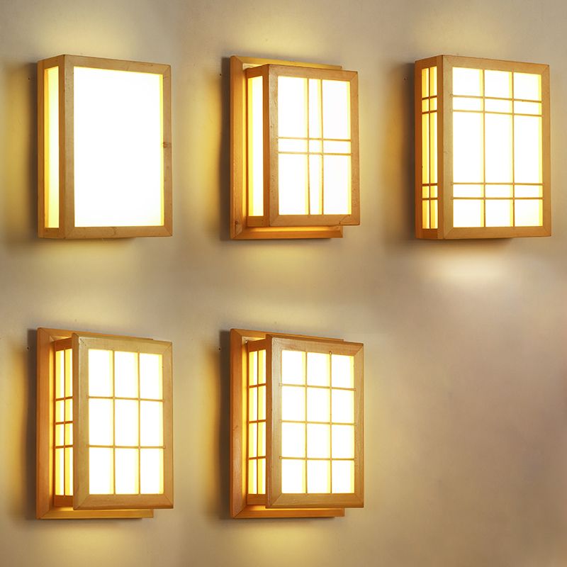 Rectangular Wood Wall Light Japanese 1-Light Wall Mount Light for Dining Room