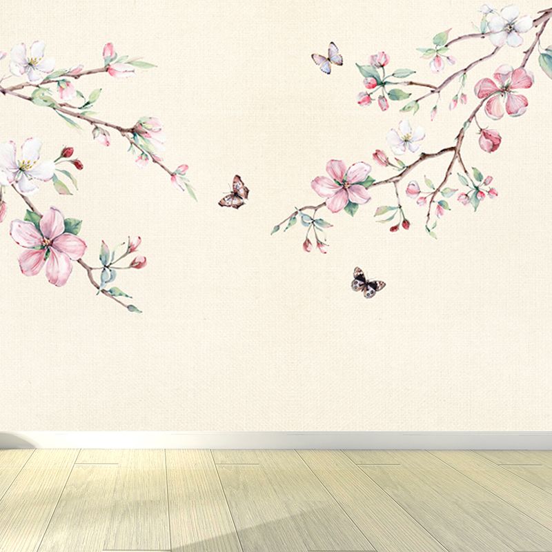 Hand Printed Peach Blossom Mural Wallpaper Modern Non-Woven Wall Covering in Pink