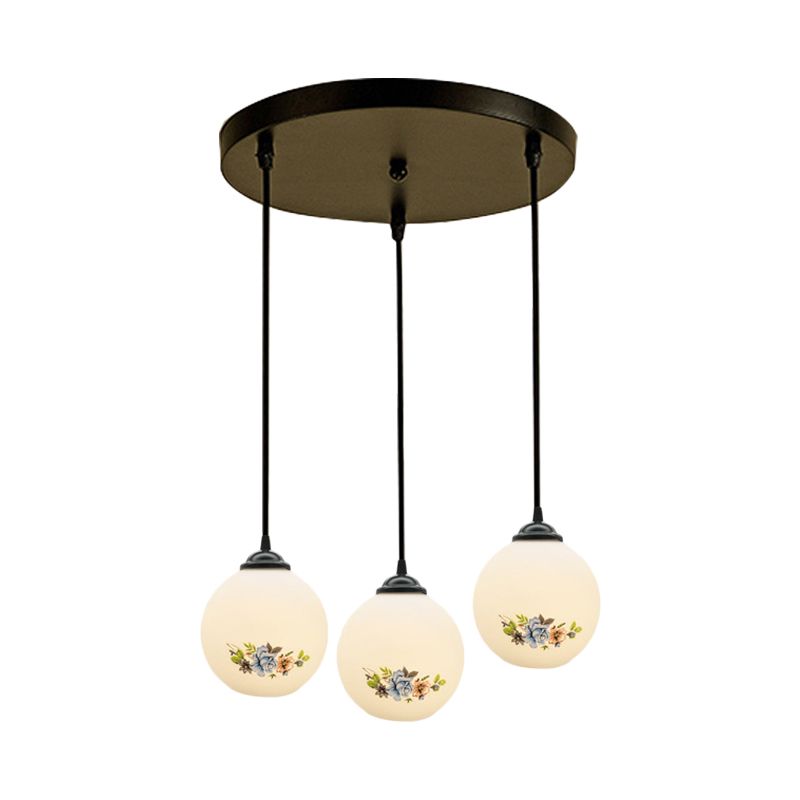 3 Heads Orb Multi-Pendant Modernism Black Finish White Frosted Glass Hanging Light Kit with Flower Pattern and Round/Linear Canopy