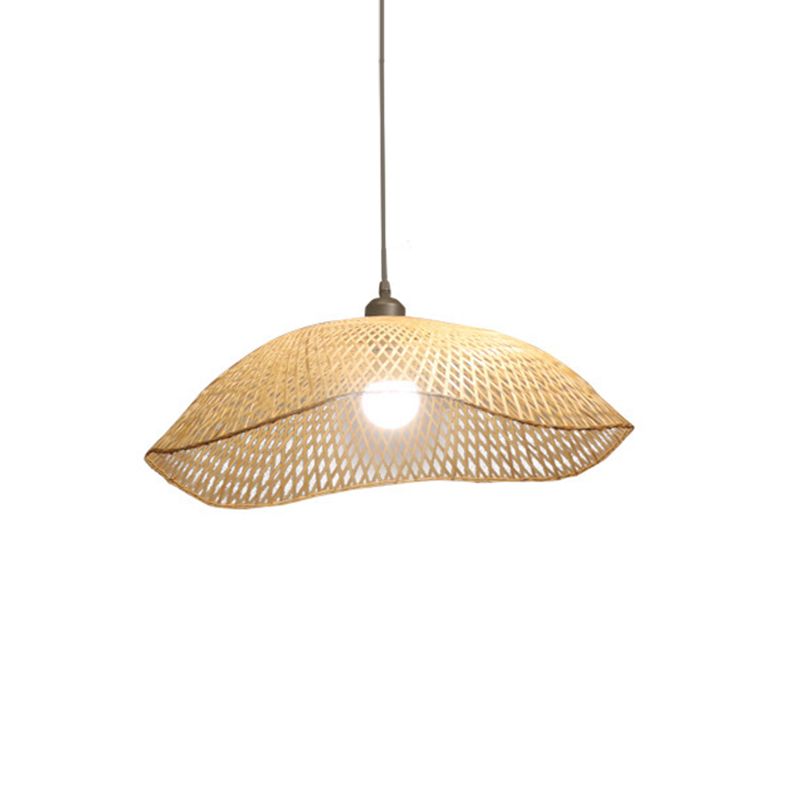 Éclairage de suspension à dôme à bord ondulé simple tête simple bambou 14 "/ 18" /22,5 "large pendentif de plafond beige
