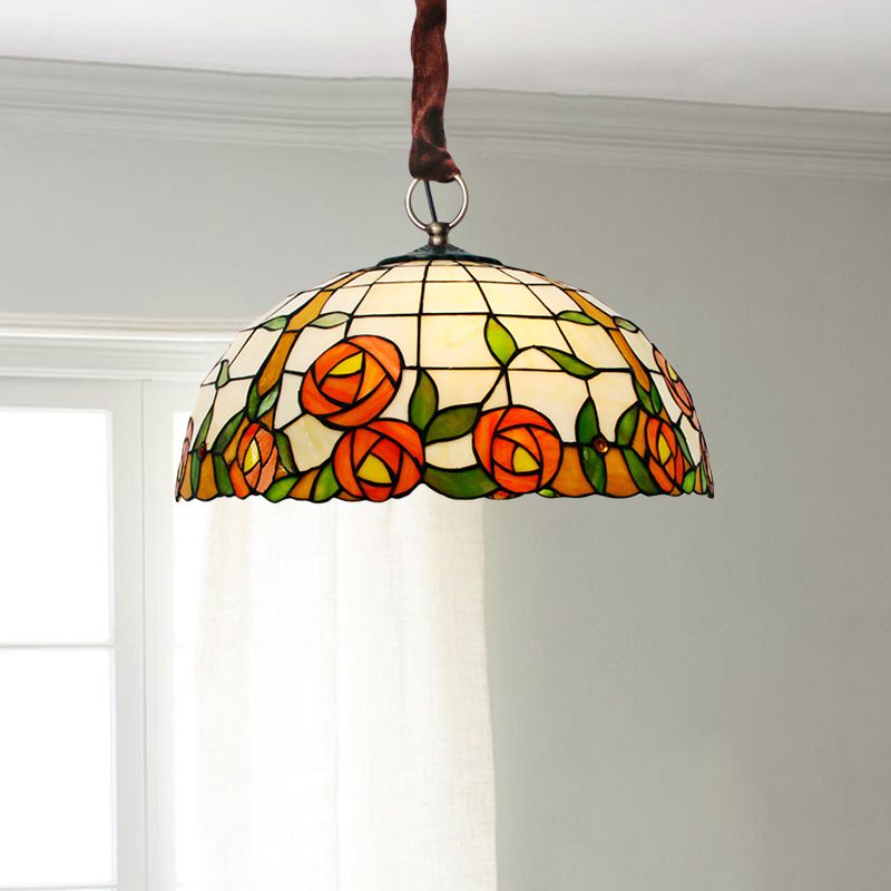 Bol victorien accroché lustre 5 lumières lampe de plafond en verre taché avec motif de rose en bronze