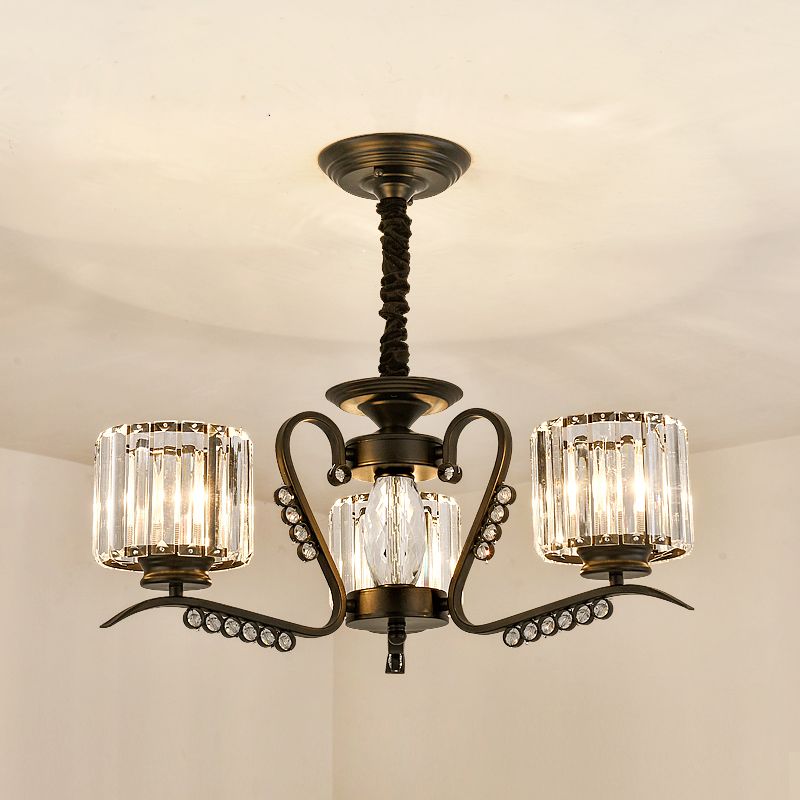 Minimalist Cylindrical Chandelier Tri-Sided Crystal Rod Hanging Light Fixture in Black