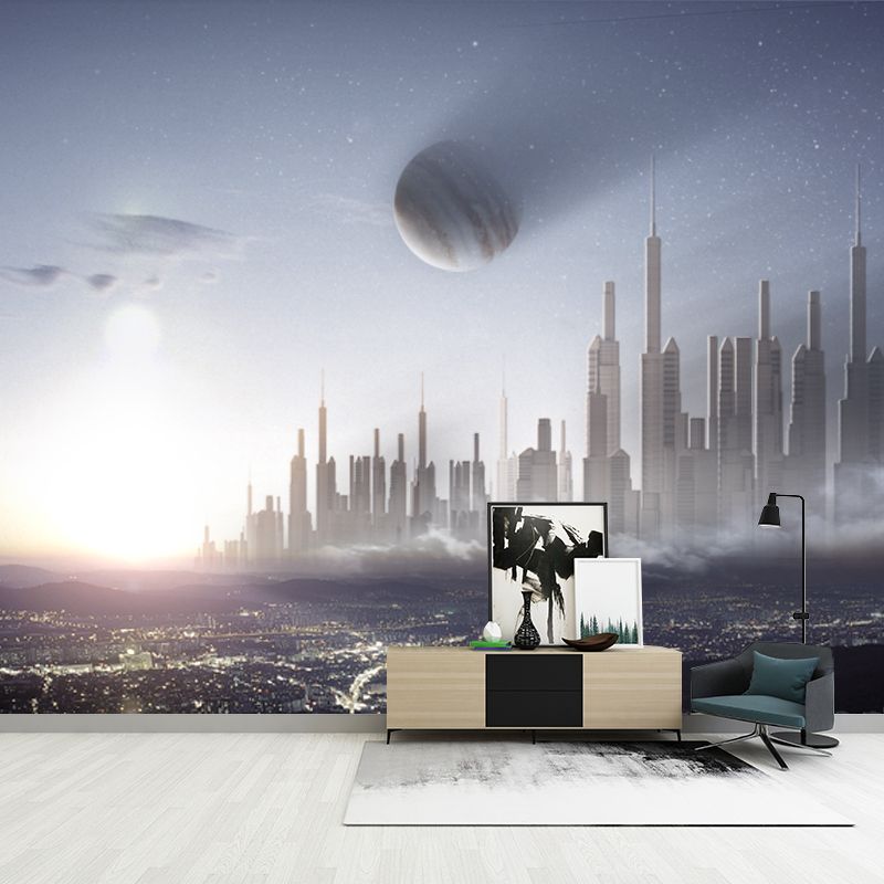 Grey-Blue Future Metropolis Mural Decal Stain-Proof Science Fiction Bedroom Wall Art