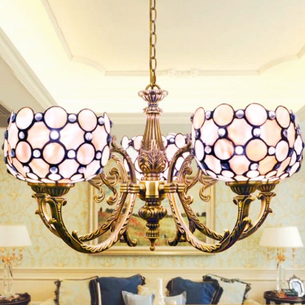 Lodge Bowl-Shaped Hanging Pendant Stained Glass 5 Lights Chandelier with Chain in White