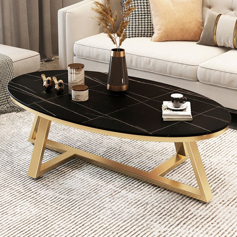 Glam Oval Slate Coffee Table 17.7"H Iron Cross Legs Cocktail Table