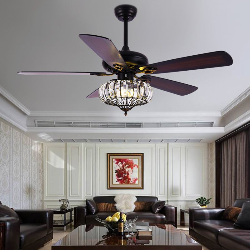 Café foncé LED suspendu ventilateur clair Crystal traditionnel rond semi-flush lampe de montage avec 5 lames en bois pour salle à manger, 52 "de large