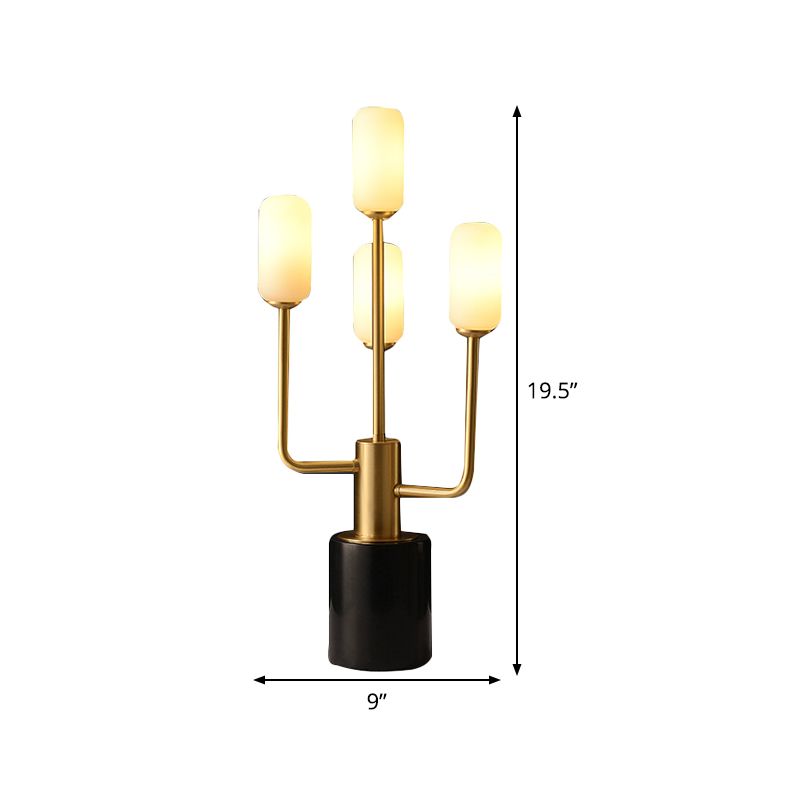 Lampada da tavolo a cilindro in vetro bianco Lampada da lavoro modernista in ottone a 4 teste con base in marmo