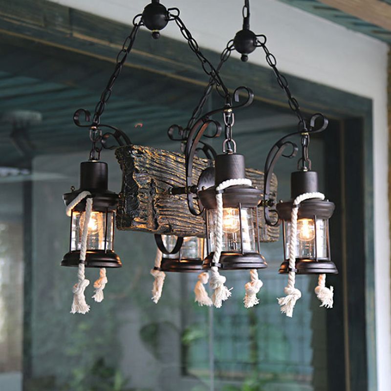 Wood Board Black Island Lamp Linear 4 Lights Nautical Suspension Lighting with Lantern and Hemp Rope