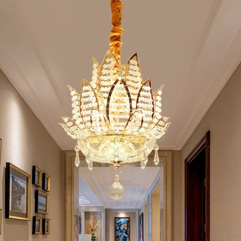 3 Lights Hallway Chandelier Light with Lotus Faceted Crystal Ball Shade Modern Gold Hanging Light