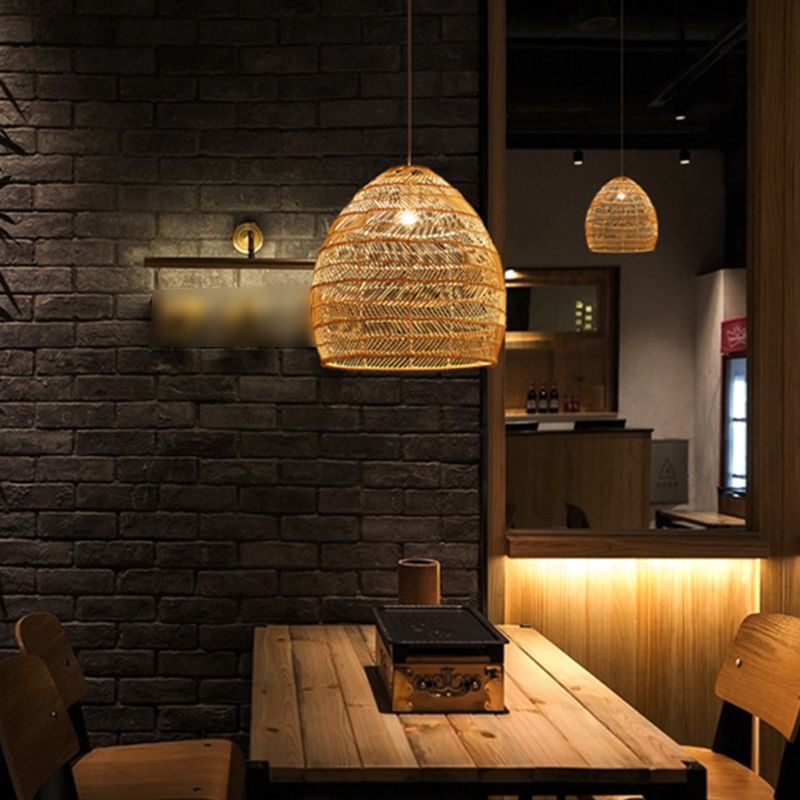 Japanse hangende lampkit 1-licht beige rattan omlaag verlichtingshanger voor studieruimte