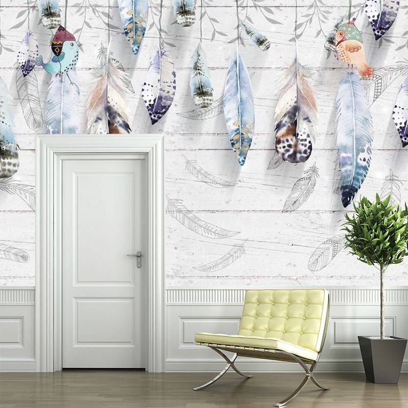 Modernist Feathers Mural Decal Grey Barn Wood Wall Covering for Living Room, Water-Proof