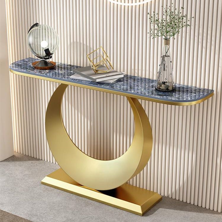 Contemporary Console Accent Table Antique Finish Half Moon Console Sofa Table in Stone