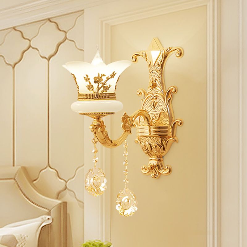 1/2-Light Frosted Glass Wall Mounted Lamp Mid-Century Gold Finish Flower Bedside Wall Light Fixture