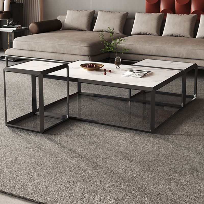 Geometric Slate & Glass Coffee Table Modern Simple Cocktail Table with Floor Shelf