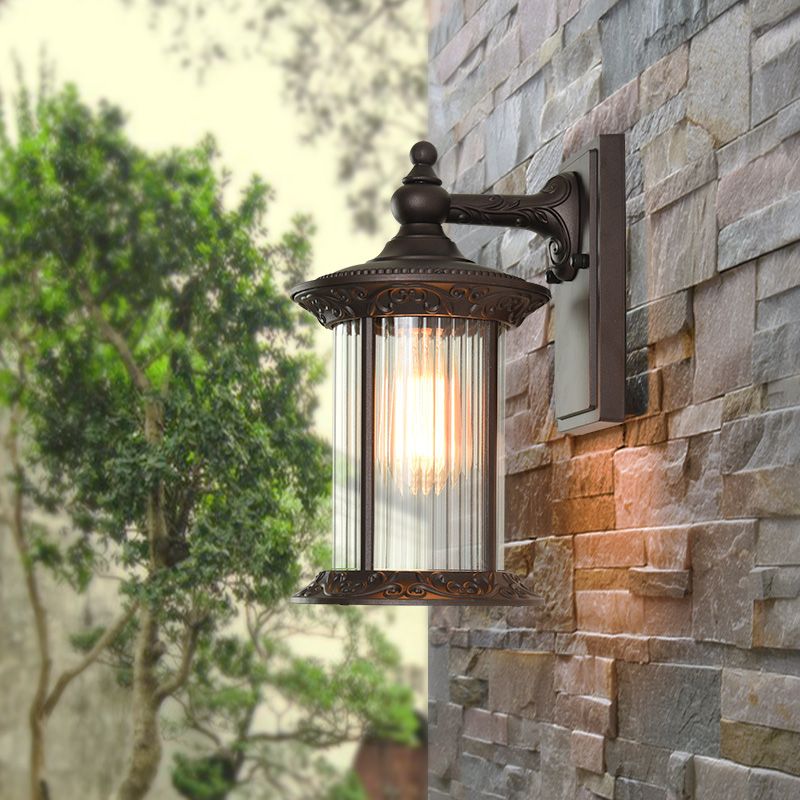 Lantern Courtyard Wall Sconce Light Countryside Clear Prismatic Glass 1 Light Coffee Wall Lamp
