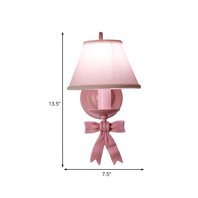 1/2-Light Bedroom Wall Mounted Light Macaron Pink Finish Bow Wall Lamp with Conic Fabric Shade