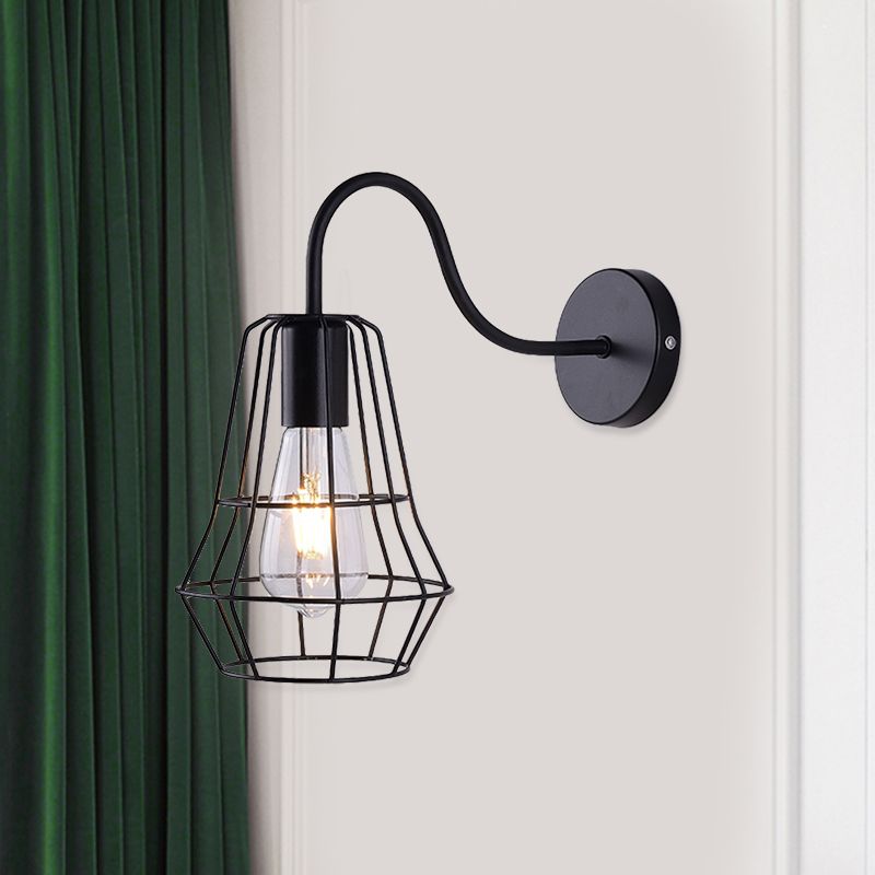 Luz de pared de la sala de estar de brazo de cuello cisboso con tono jaula de estilo retro metal 1 acabado negro de acabado negro aplique de pared