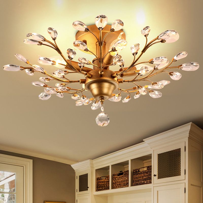 4 Bulbs Clear Crystal Semi Flush Traditional Branching Bedroom Ceiling Mounted Fixture