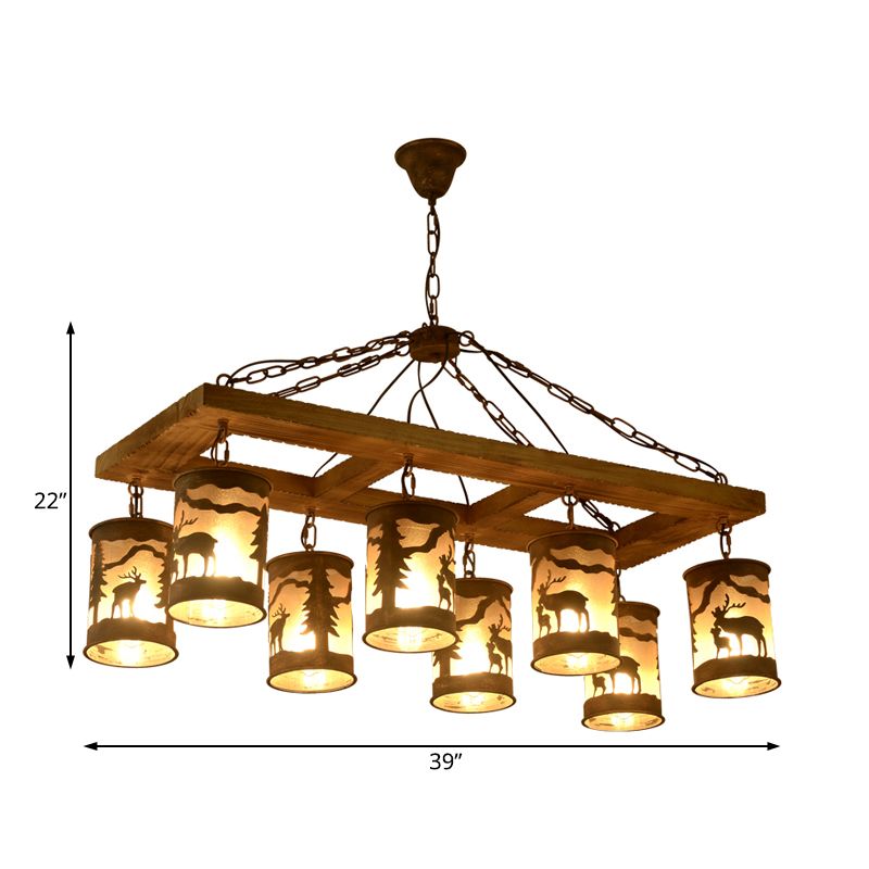 8 Lights Ceiling Light Country Style Linear Wood and Metal Hanging Chandelier in Bronze