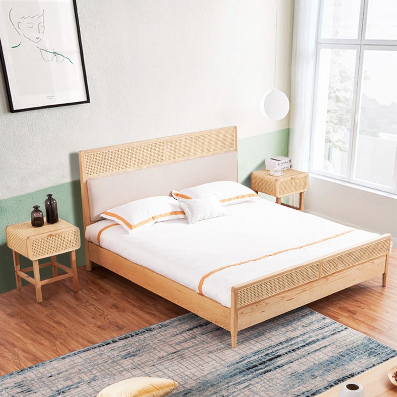 Natural Solid Wood Panel Bed Upholstered Bed Frame with Rattan Accent