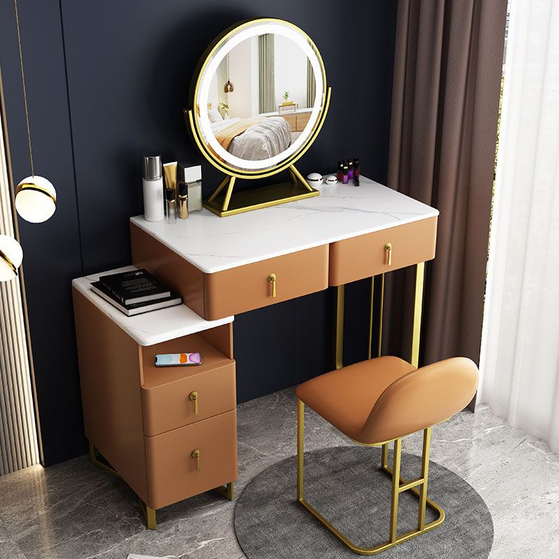Glam Dressing Table Genuine Leather Vanity Table with 4 Storage Drawers