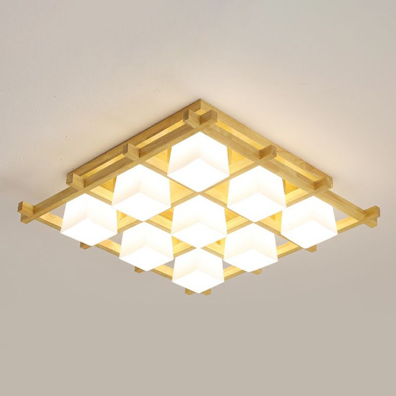 White Glass Cube Ceiling Flush Light Modern Style Semi Flush Mount Lighting with Wood Grid