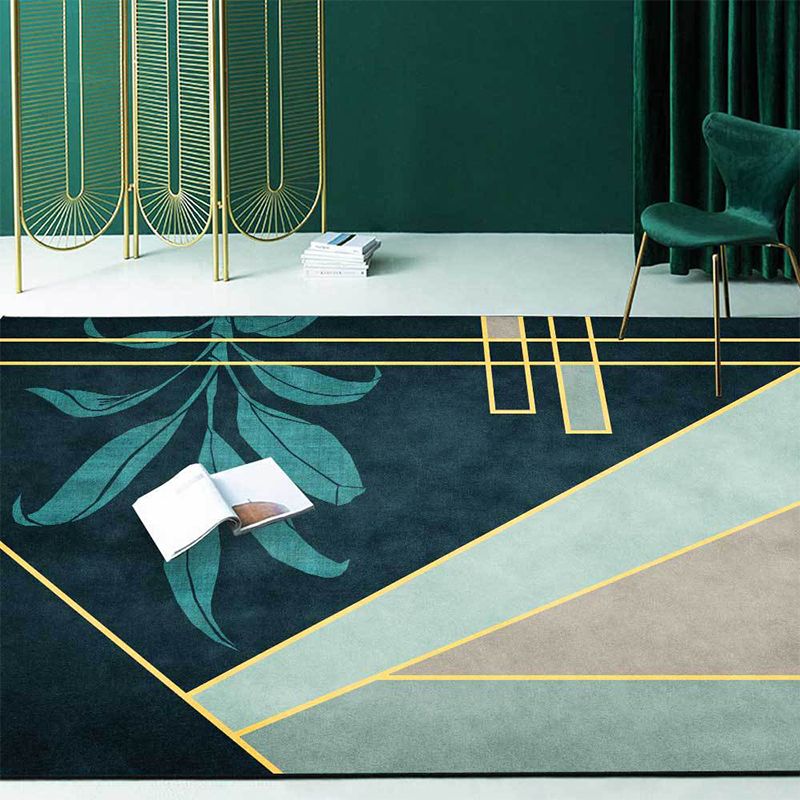 Green Novelty Rug Polyester Geometric and Leaf Pattern Rug Washable Non-Slip Backing Carpet for Living Room