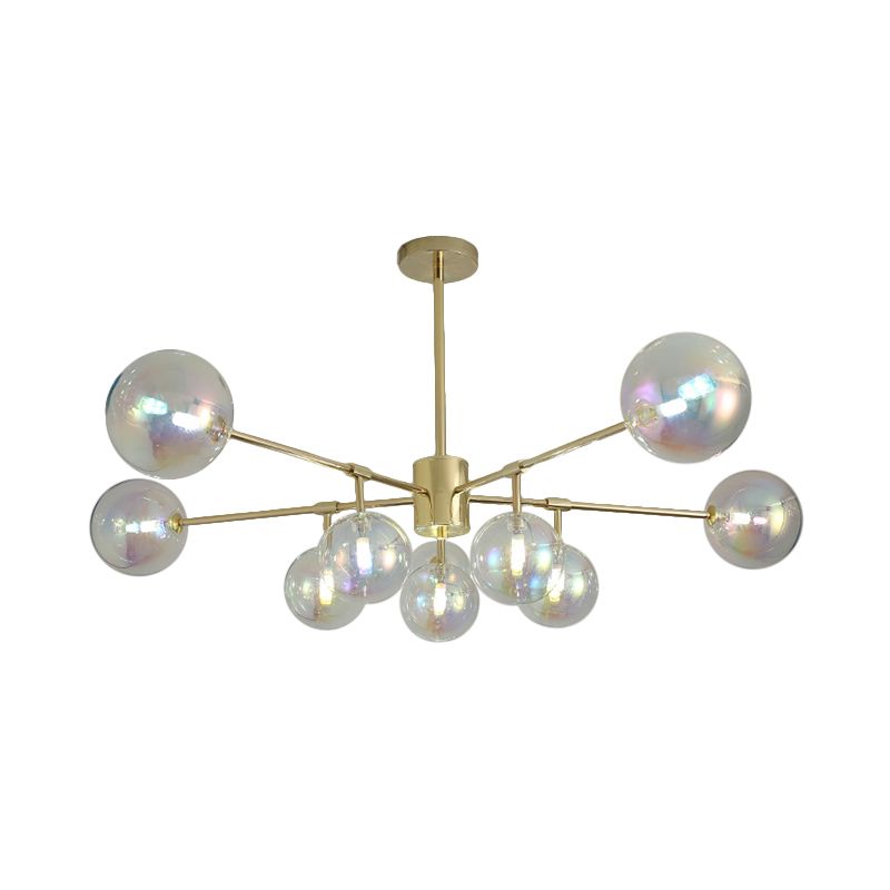 10 Heads Living Room Chandelier Lighting Modern Gold LED Pendant Lamp with Sphere Rainbow Glass Shade