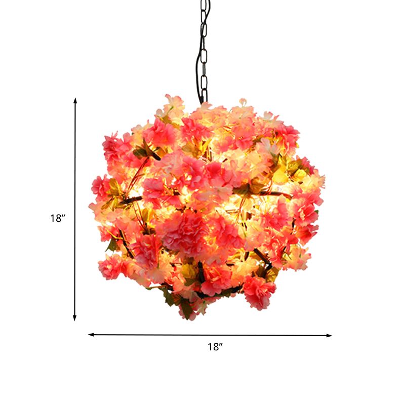 Ball Restaurant Chandelier Light Industrial Metal 4 Bulbs Pink LED Hanging Lamp with Cherry Blossom