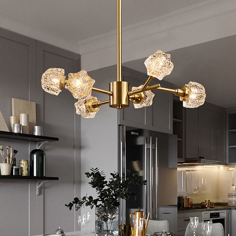6-Bulb Crystal Block Chandelier Light Modern Brass Starburst Dining Room Pendant Lighting Fixture