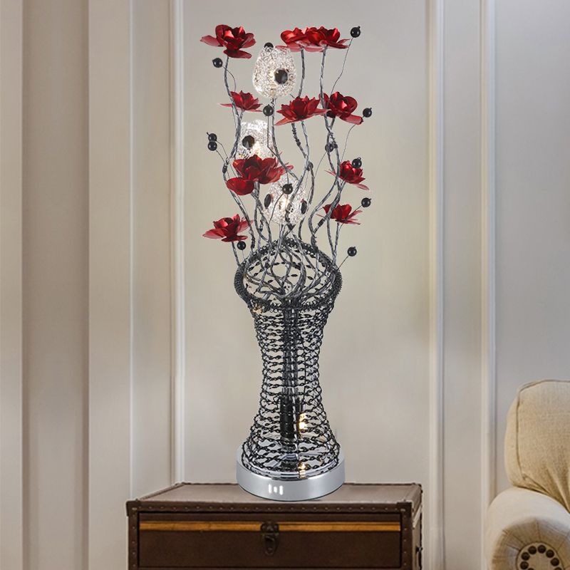 Decorative Twig Column Table Lamp Aluminum LED Desk Lighting with Floret Decor in Red and Black, Warm/White Light