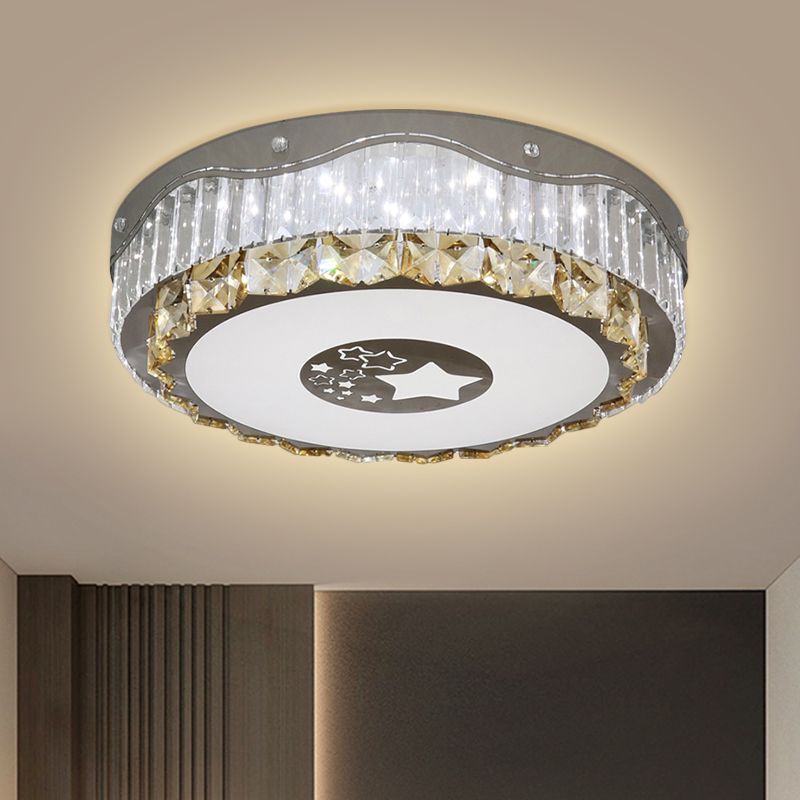 Clear Crystal Blocks Round Flush Light Modern Bedroom LED Ceiling Mount in Stainless-Steel
