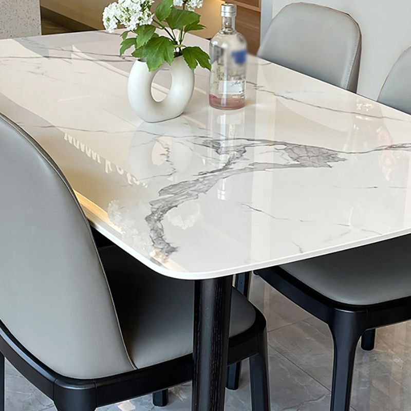 Stone Top Dining Table Modern Rectangle Table with 4 Wood Legs in Black