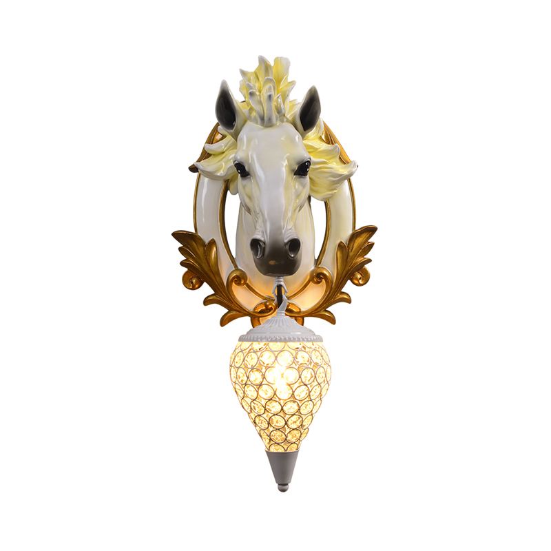 Bianco/rosso 1 Light Sconce Light Light Vintage Resin Horse Muro con tonalità di cristallo per goccia per interno, 9,5 "/12" W