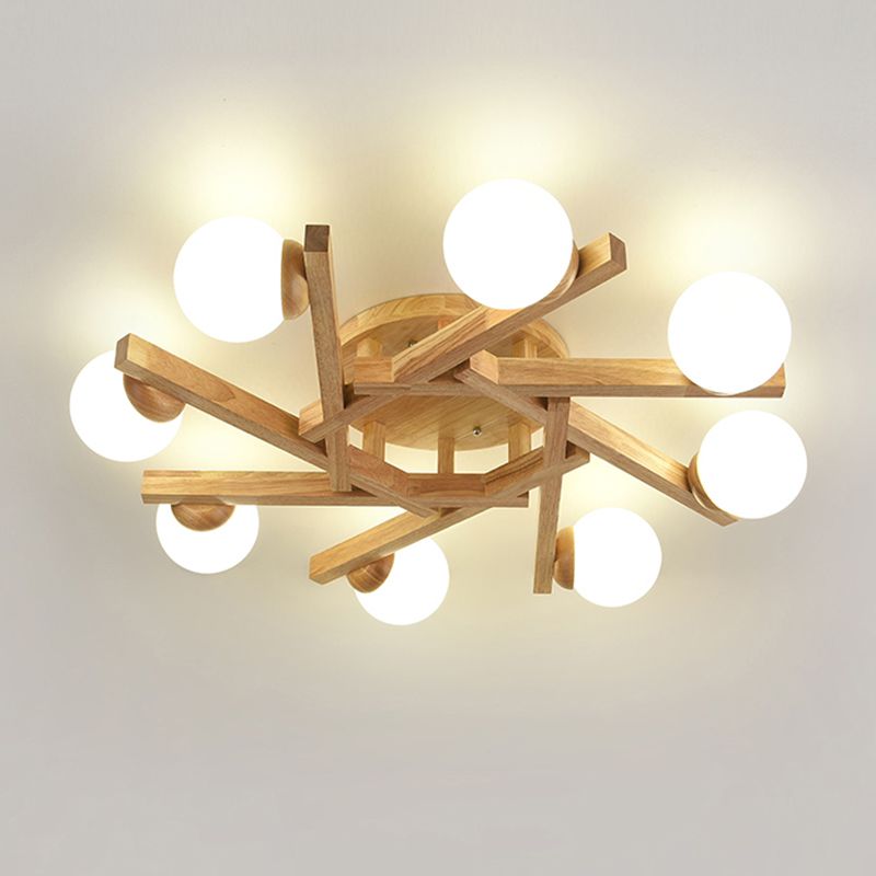Nordic Flush Mount Globe Ceiling Light Fixture with Wood and Glass for Bedroom