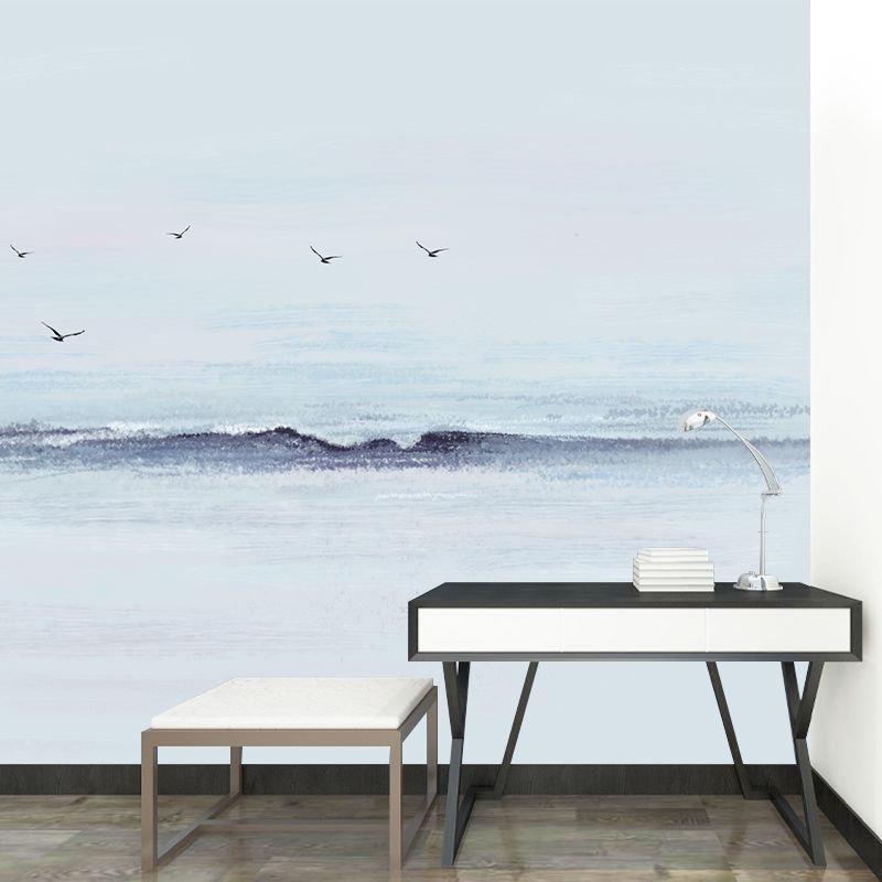 Modern Gull and Sea Surf Murals for Living Room Customized Wall Decor in Grey-Blue