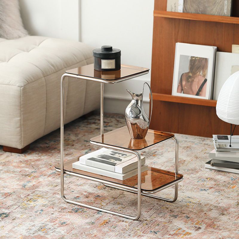 Modernistic Side Table Glass Sled with Storage Square 3-Tier End Table
