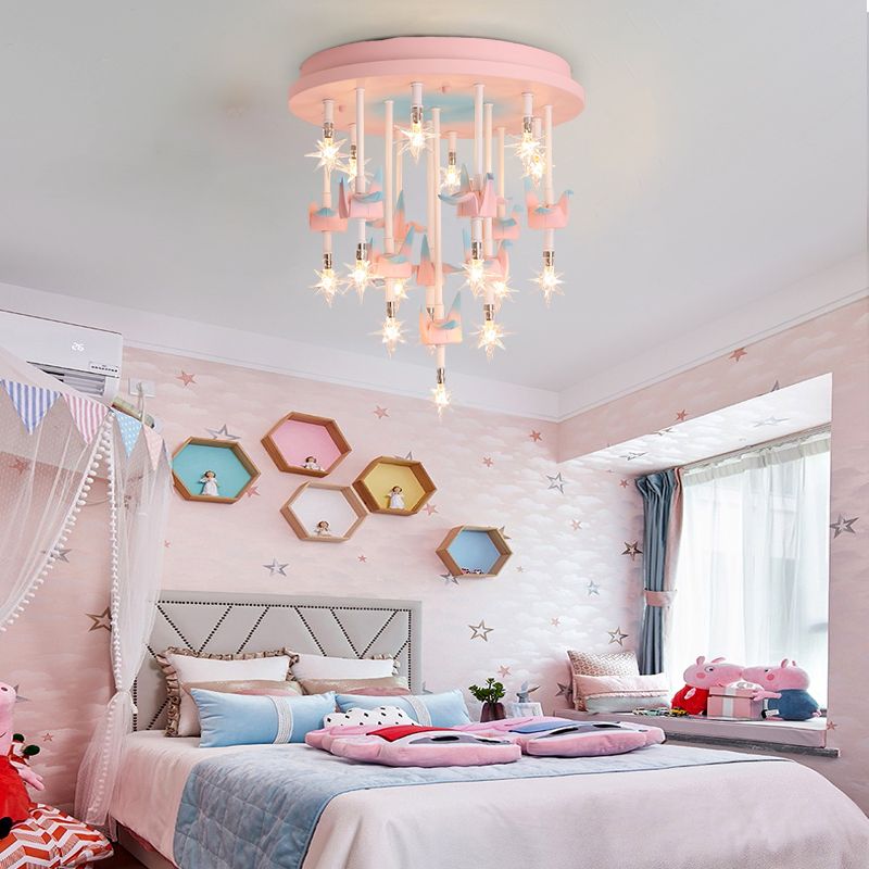 Resin Horse/Bird/Crane Ceiling Light Fixture Kids 13/16 Lights Blue/Pink Flush Mount Lighting with Clear Glass Shade