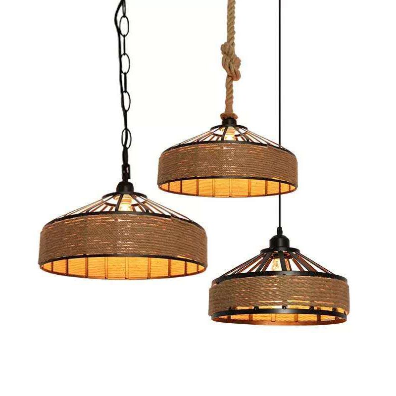 Rope Drum Pendant Light Fixture Warehouse-Style Restaurant Hanging Light Kit in Beige