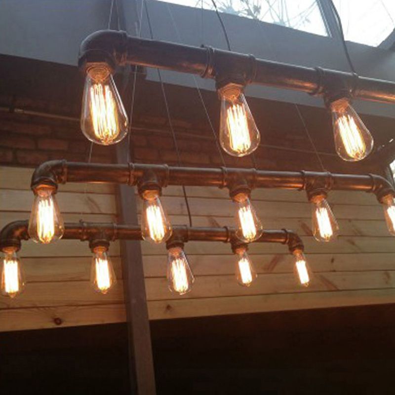 Elongated Pipe Hanging Island Lights Retro Industrial Style Metal Chandelier Lighting Fixtures for Coffee Shop