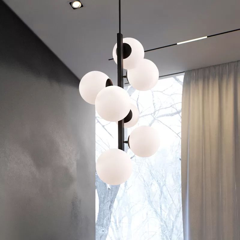 Black Round Hanging Chandelier Contemporary 7 Bulbs Opal Glass Ceiling Suspension Lamp