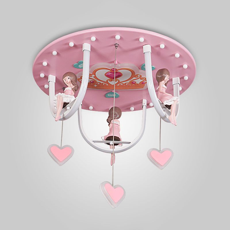 Cartoon Girl and Swing Flush Lamp Resin Kids Room LED Lighting Fixture with Loving Heart Detail in Pink