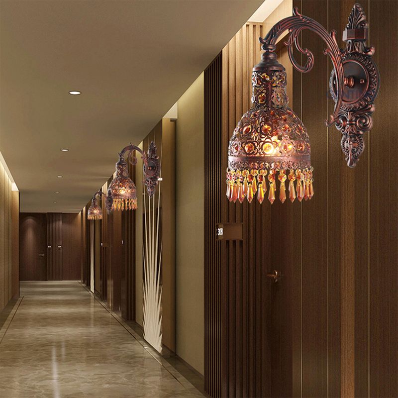 Bohemia Style Domed Wall Sconce Light Iron 1 Light Sconce Lighting Fixture with Crystal Accent in Weathered Copper