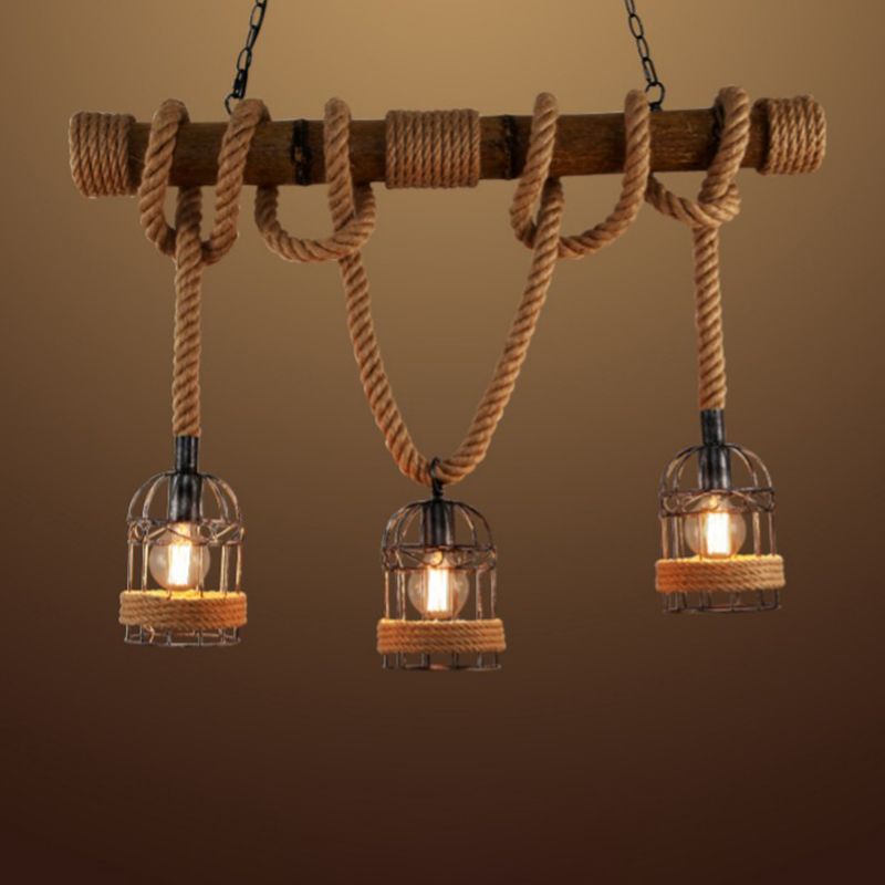 Rope Cage Shade Island Light Fixture Retro Style Restaurant Chandelier Light Fixture in Beige