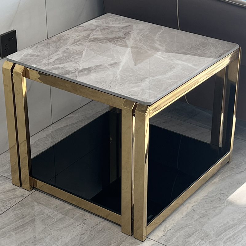 Stone Top End Table with Shelves Glam Frame Sofa Side Table for Living Room