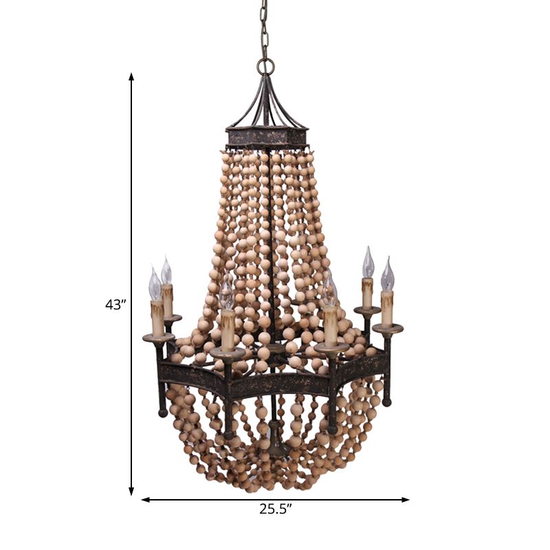 8 Heads Candle Ceiling Chandelier Traditional Wood Suspended Lighting Fixture in Beige