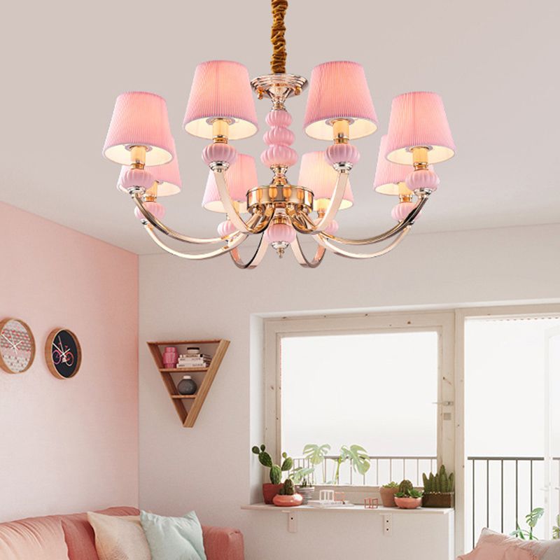 Conical Child Bedroom Hanging Lamp Pleated Fabric Nordic Chandelier Light with Arc Arm